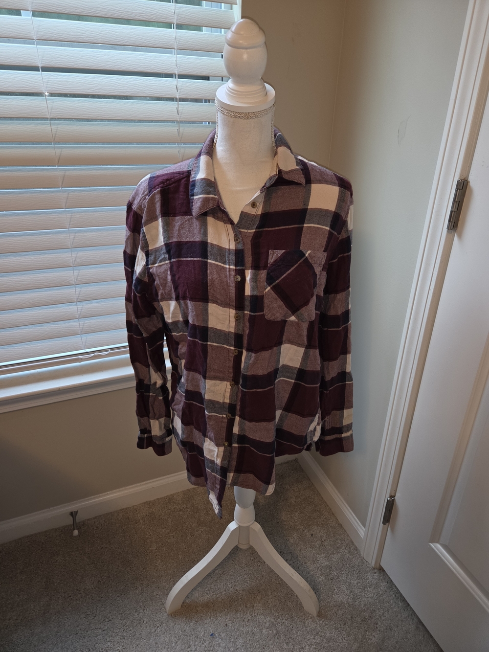 Garage Men's Burgundy and Cream Plaid Button-Down Shirt